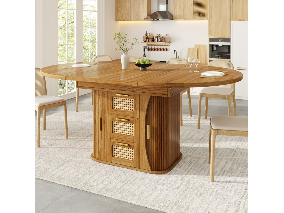 Mesa De Jantar Extensível Com Arrumação 118-158cm Gavetas Rotim Aspeto Madeira Mdf Preto Natural E Castanho