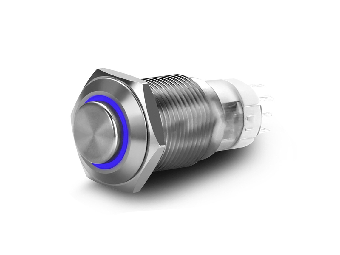 Yuemuda Interruptor De Botão De Pressão Autoblocante De Aço Inoxidável De 16 Mm (com Luz Led Azul, Design Autoblocante)