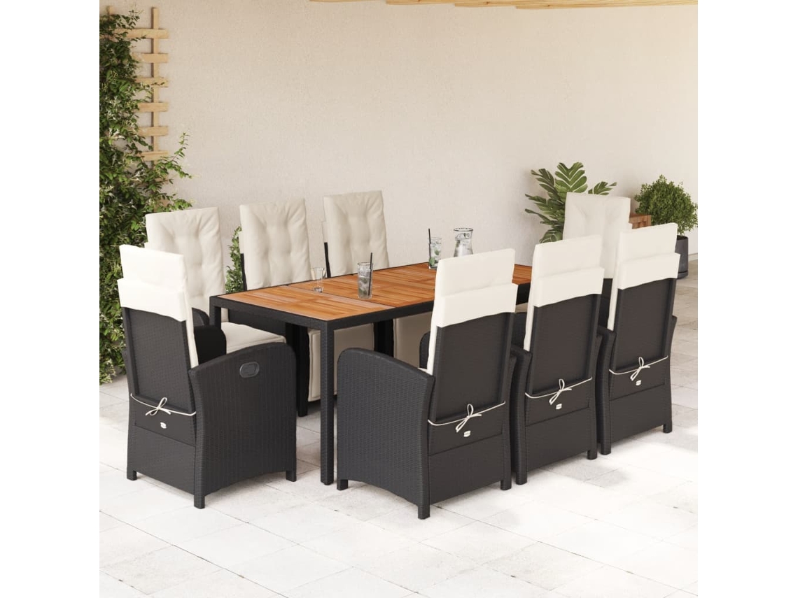 Vidaxl 9 Pcs Conjunto De Jantar P/ Jardim C/ Almofadões Vime Pe Preto