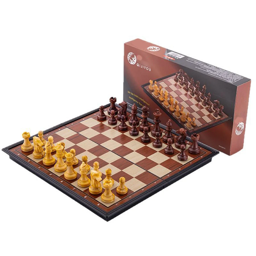 Jogo de xadrez de plástico (24 cm) com textura de madeira, medindo 24 cm/9,4 polegadas, com compartimentos de armazenamento.