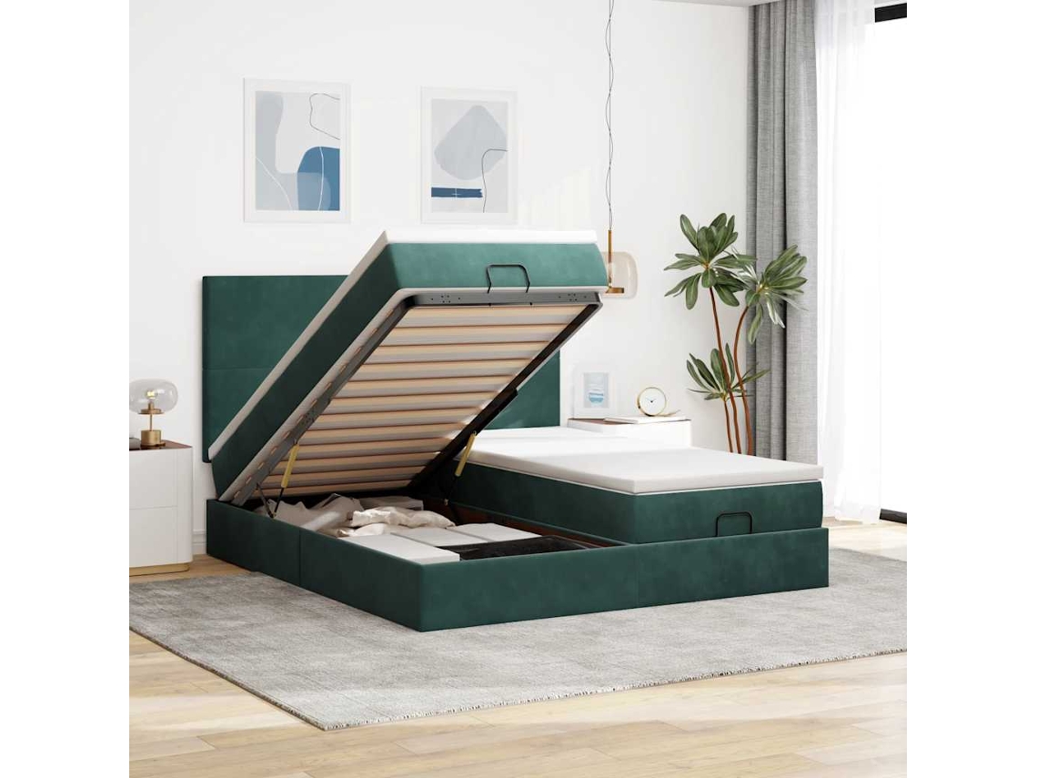 Estrutura De Cama Otomana Com Colchão Verde Escuro Veludo
