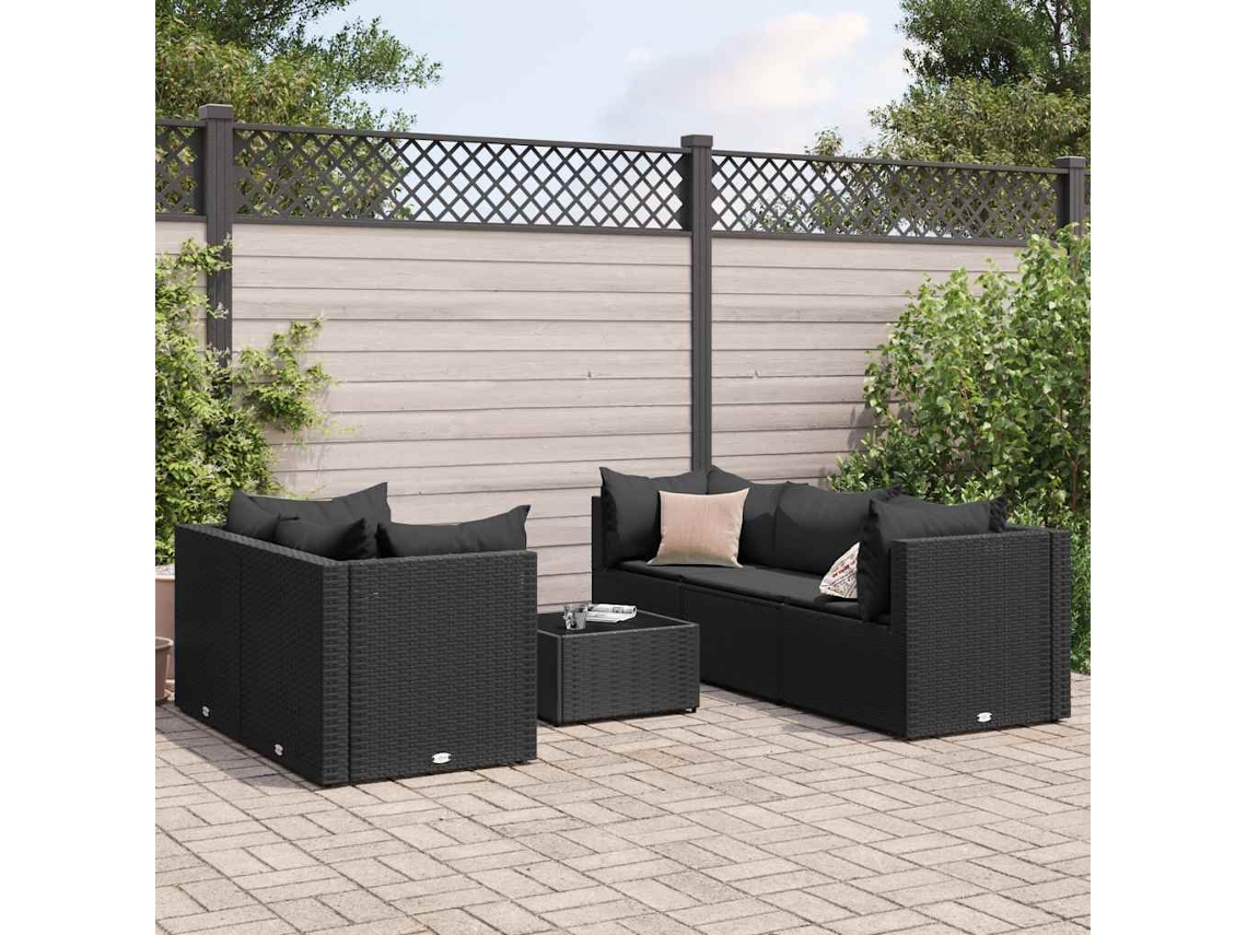Vidaxl 6 Pcs Conjunto Lounge De Jardim C/ Almofadões Vime Pe Preto