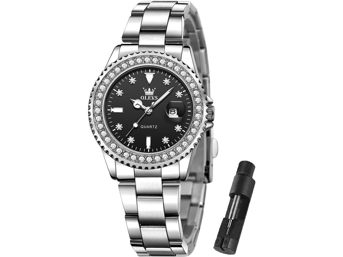 Lurelia Relógio Feminino, Movimento De Quartzo, Data/calendário, Luminoso, Detalhes Com Strass, Aço Inoxidável, Abs, Preto
