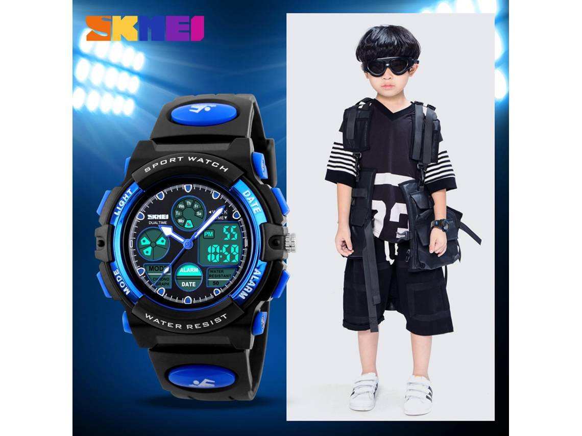 Reloj Deportivo Niño Skmei 5atm Impermeable Con Alarma Cronógrafo Luz Trasera