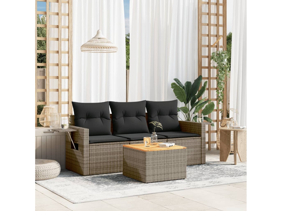Vidaxl 4 Pcs Conjunto Sofás De Jardim C/ Almofadões Vime Pe Cinzento