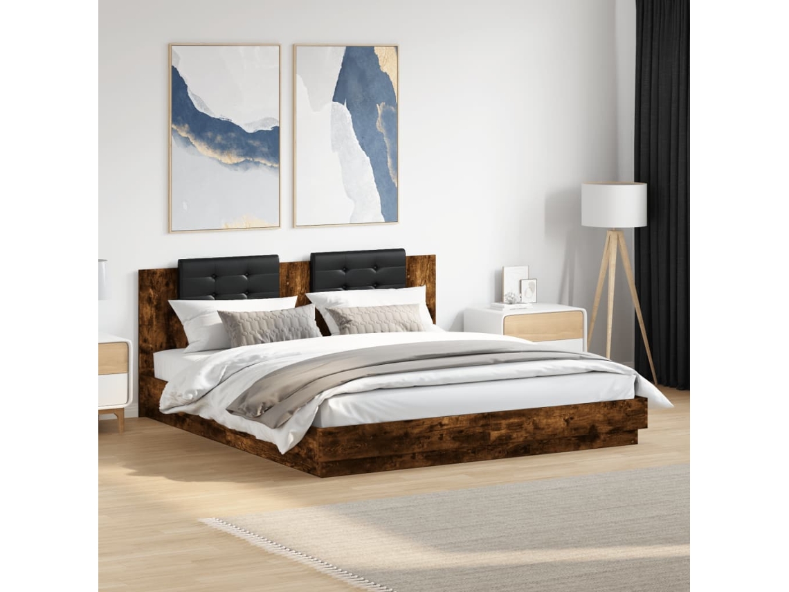 Vidaxl Estrutura Cama C/ Cabeceira/luzes Led 200x200cm Carvalho Fumado