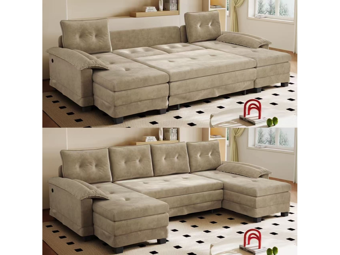 Sofá-cama Modular Em U De 278cm, Com Cama Retrátil, Usb, Braços Removíveis E Design Moderno. Camelo.
