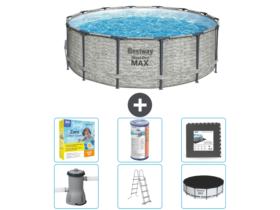 Piscina BESTWAY Round Steel Pro Max Impressão em Pedra 427 X 122 Cm Incluindo Bomba Escada Cobertura Acessórios Cb35