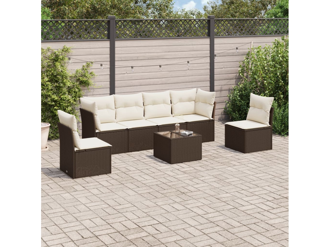 Vidaxl 7 Pcs Conjunto De Sofás Jardim C/ Almofadões Vime Pe Castanho