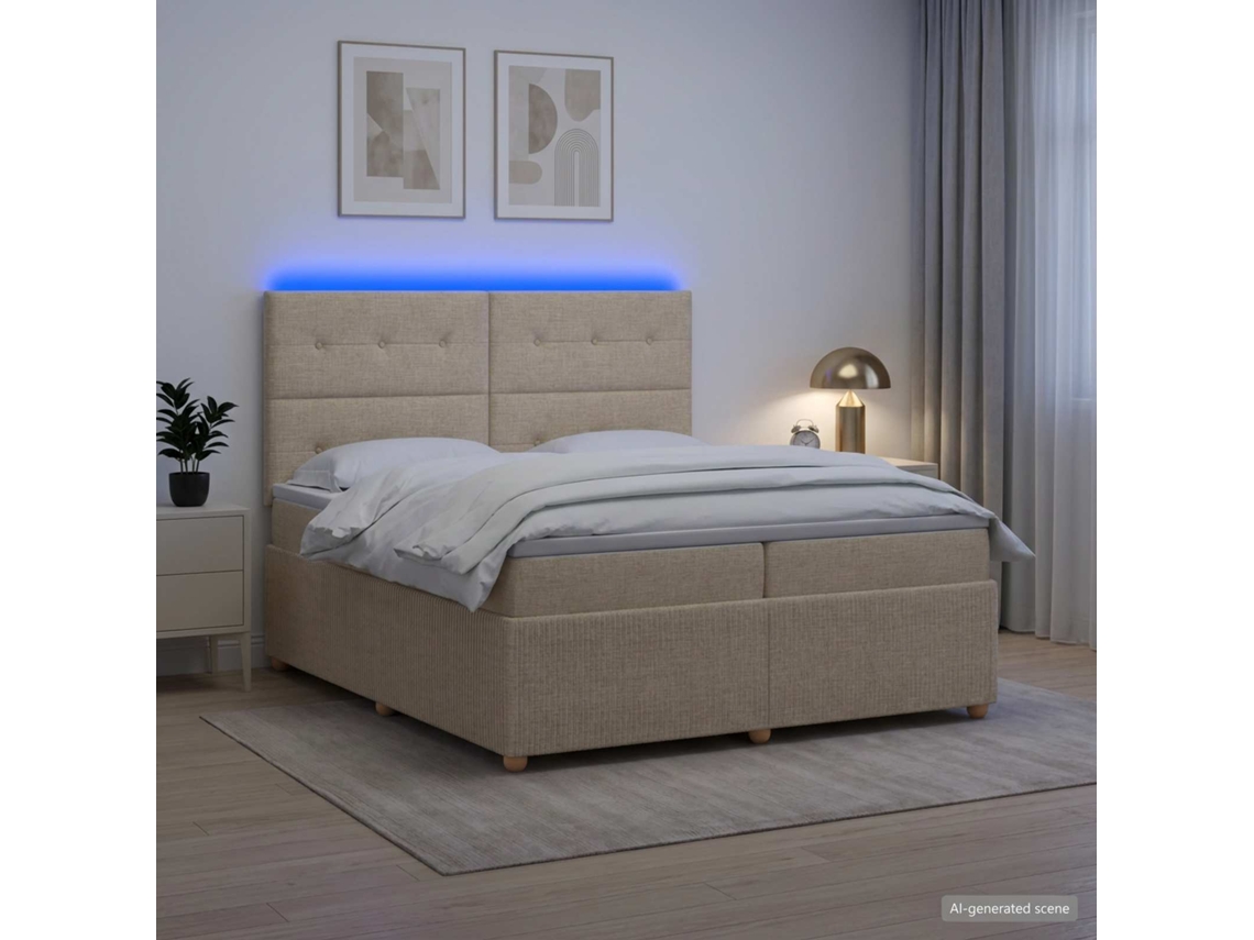 Vidaxl Cama Box Com Led E Colchão Creme 200 X 200 Cm Tecido