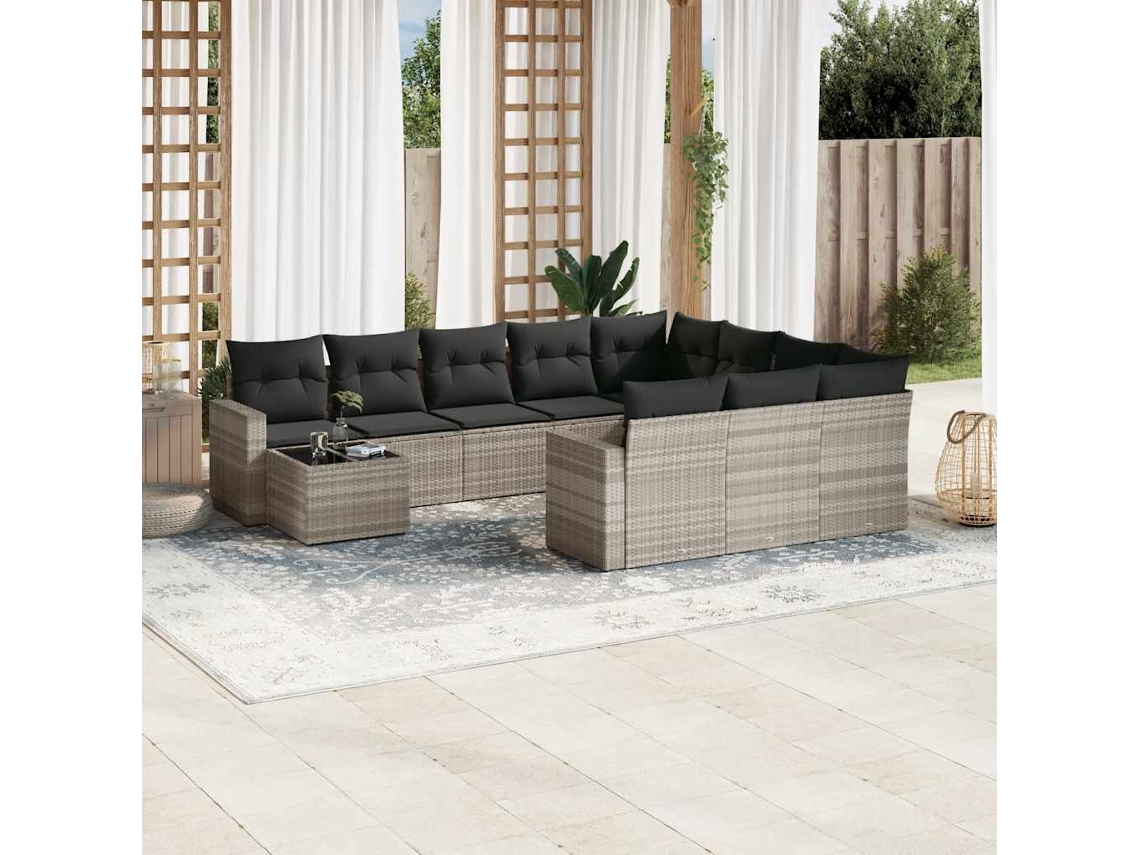 11 Pcs Conjunto Sofás De Jardim C/ Almofadões Vime Pe Cinza Dkd Home Decor