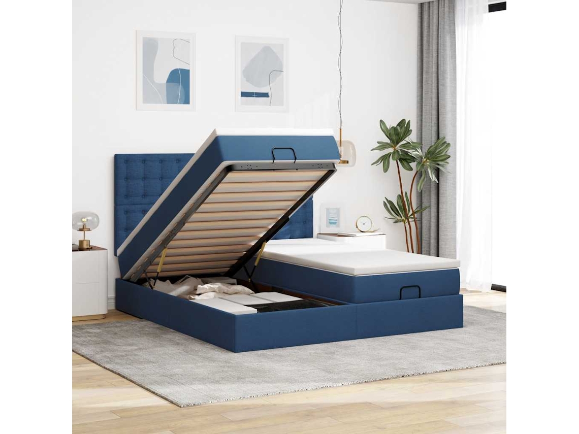 Estrutura De Cama Otomana Com Colchões 200x200cm Tecido Azul