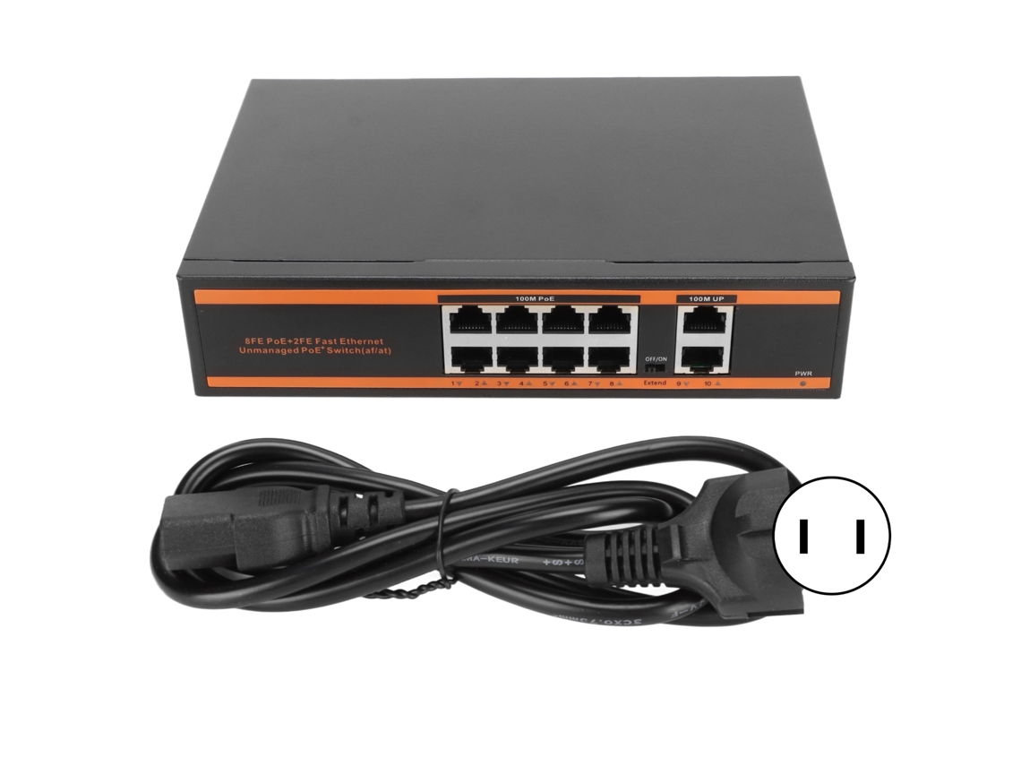 Switch PoE de 10 Portas 8x100 Mbps PoE com 2x100 Mbps Rj45, Sem Ventilador, 120W