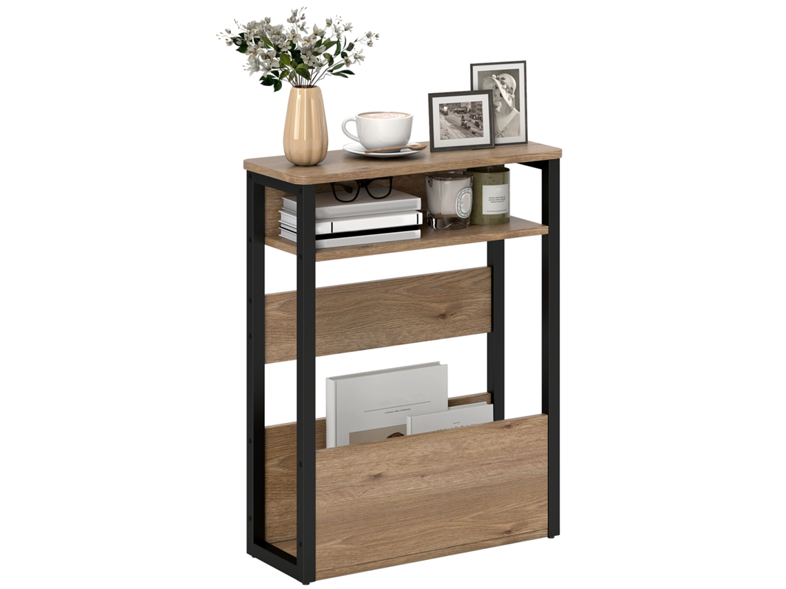 Mesa De Cabeceira De Dois Níveis Com Cantos Arredondados 46x18x58,5 Cm, Nogueira