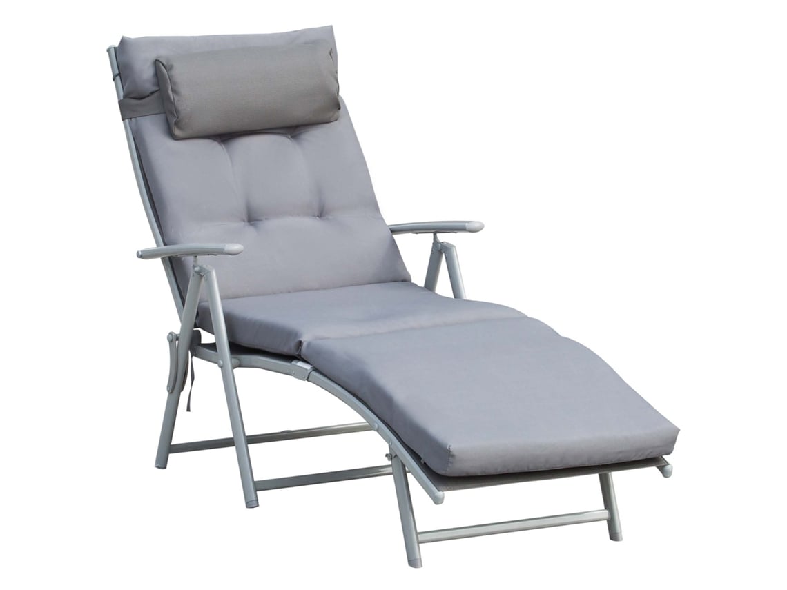 Espreguiçadeira De Praia, Espreguiçadeira De Jardim, Dobrável, Ajustável Com Almofada, Estrutura Metálica, Tído, Cinza, 137 X 63,5 X 100,5 Cm