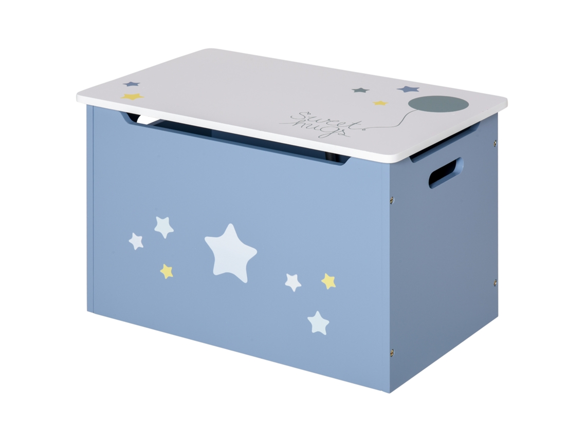 Baú porta brinquedos de madeira azul e branco, banco para quarto infantil, 55x34x35,5cm BTFORUS