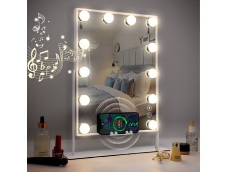 Espelho De Maquilhagem Bluetooth Hollywood Com Luzes 12 Led Com Carregamento Sem Fio 30X41Cm Rotação De 360 VANITII