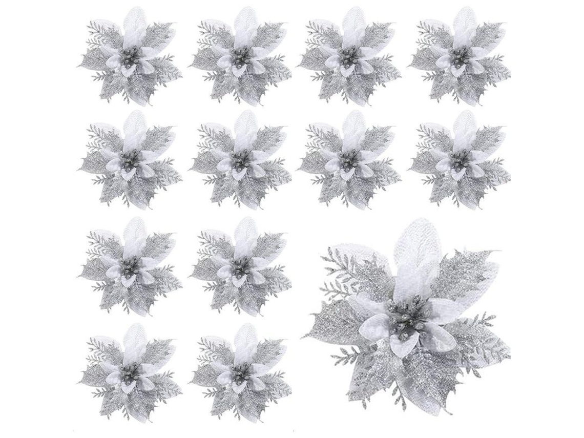 12 Peças De Flor Artificial De Natal Poinsettia Estrela De Natal 14cm Glitter