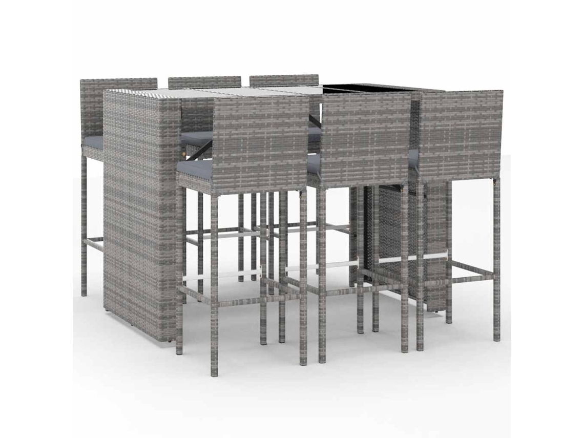 Conjunto 7 de bar p/ jardim c/ almofadões VIDAXL vime PE cinzento