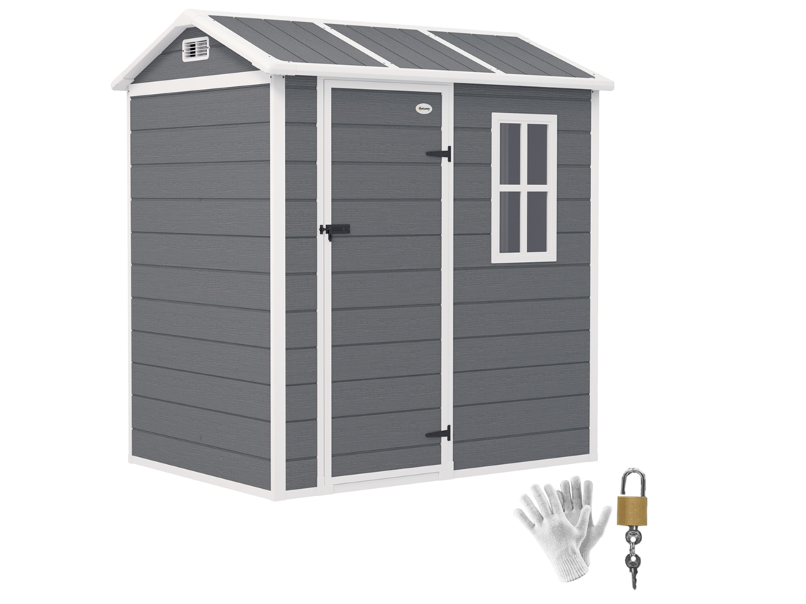 Casinha de Jardim com Piso, Janela, Porta com Fechadura, Resina Plástica, Resistente Às Intempéries, Cinza VERIDIA CUOM