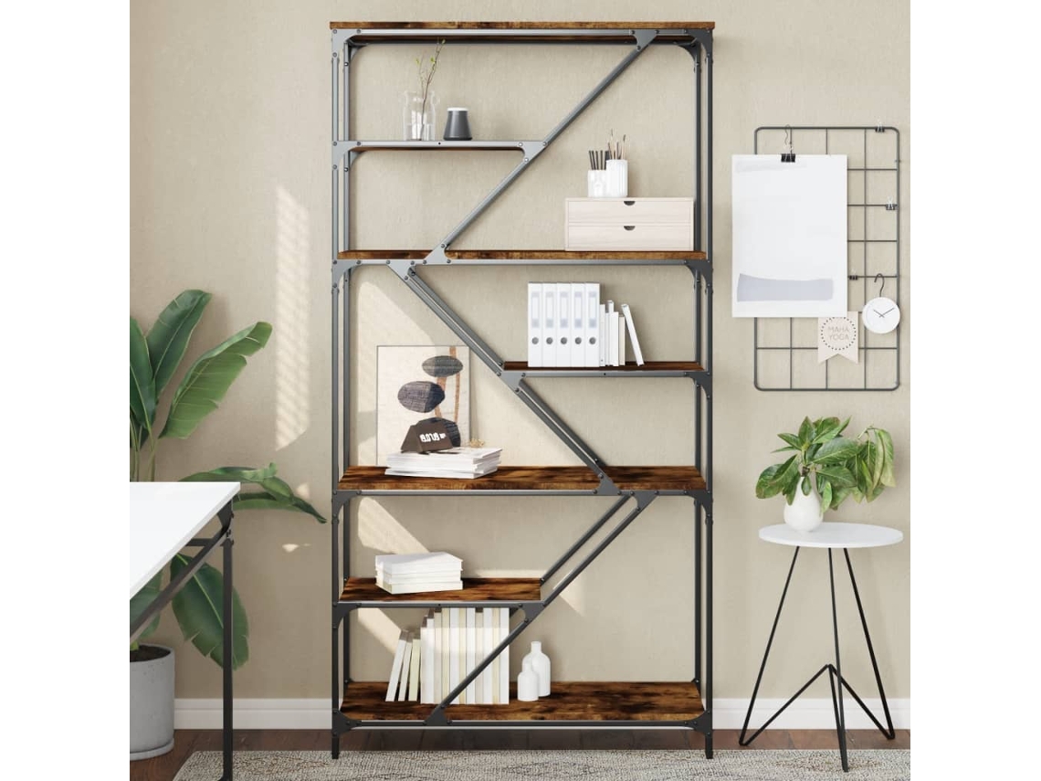 Estante Para Livros Armário De Livros 91x36x176 Cm Derivados De Madeira E Aço Carvalho Fumado Wsd815496 Lovely Home