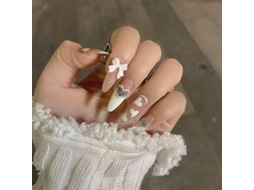 Dicas de Unhas Falsas Artificiais Diy com Laço Branco Pêssego Removíveis Prontas 24 Peças