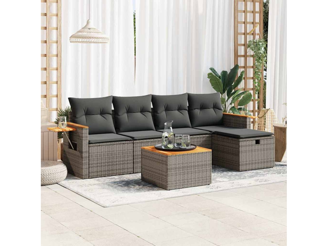 Vidaxl 6 Pcs Conjunto Sofás De Jardim Com Almofadões Vime Cinzento