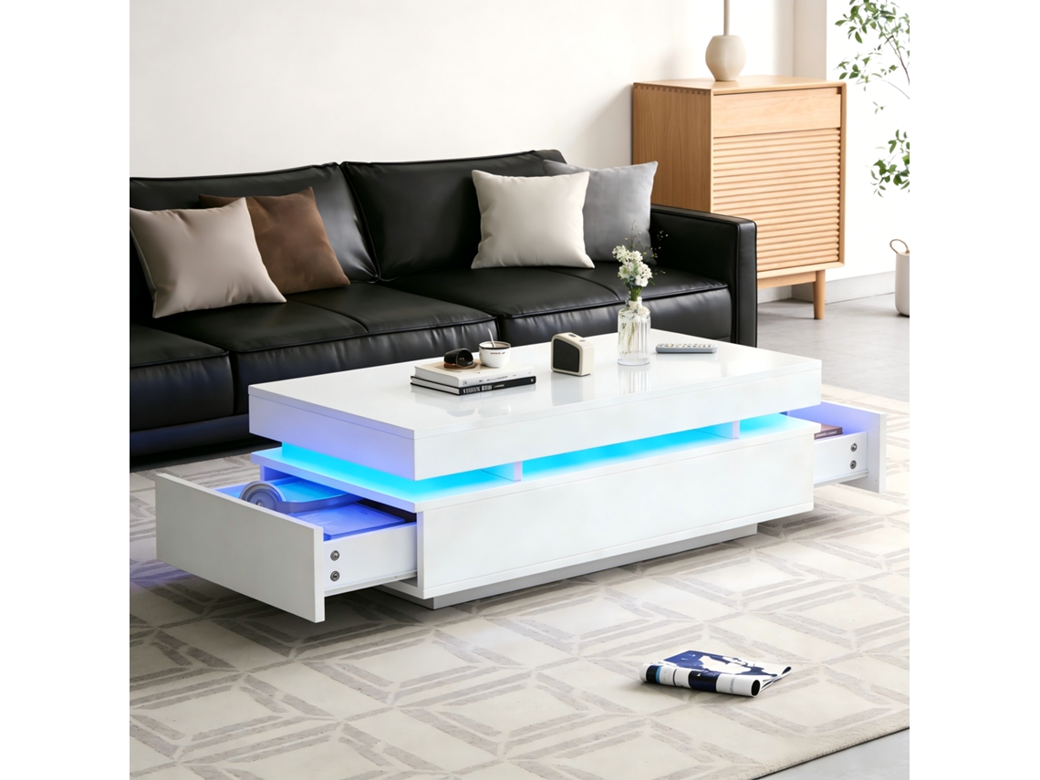 Mesa Centro 100x50x35cm 2 Gavetas Led Branca