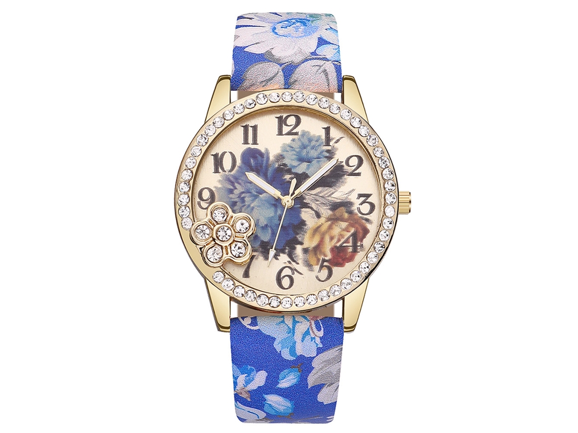 Relógio de Pulso Feminino Vintage Flowers com Pulseira Pu e Movimento de Quartzo Azul Escuro