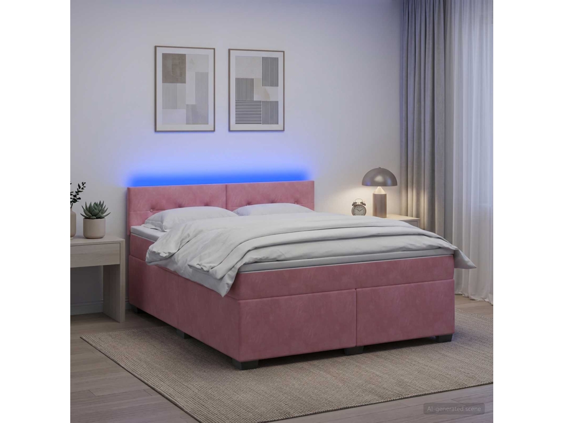 Vidaxl Cama Box Spring Com Colchão E Led Rosa 160 X 200 Cm Veludo