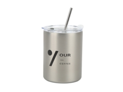 Copo de Café Inox 320ml Isolado com Tampa e Canudo Prata