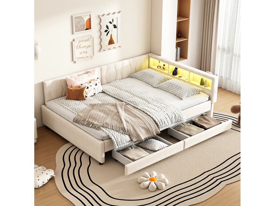 Sofá Cama 140x200cm Bege Linho Usb Typ C Led Gavetas