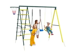 Conjunto de Balanço Infantil com 2 Balanços, Cesta de Basquete e Escada de Escalada, 267x180x202 Cm, Amarelo
