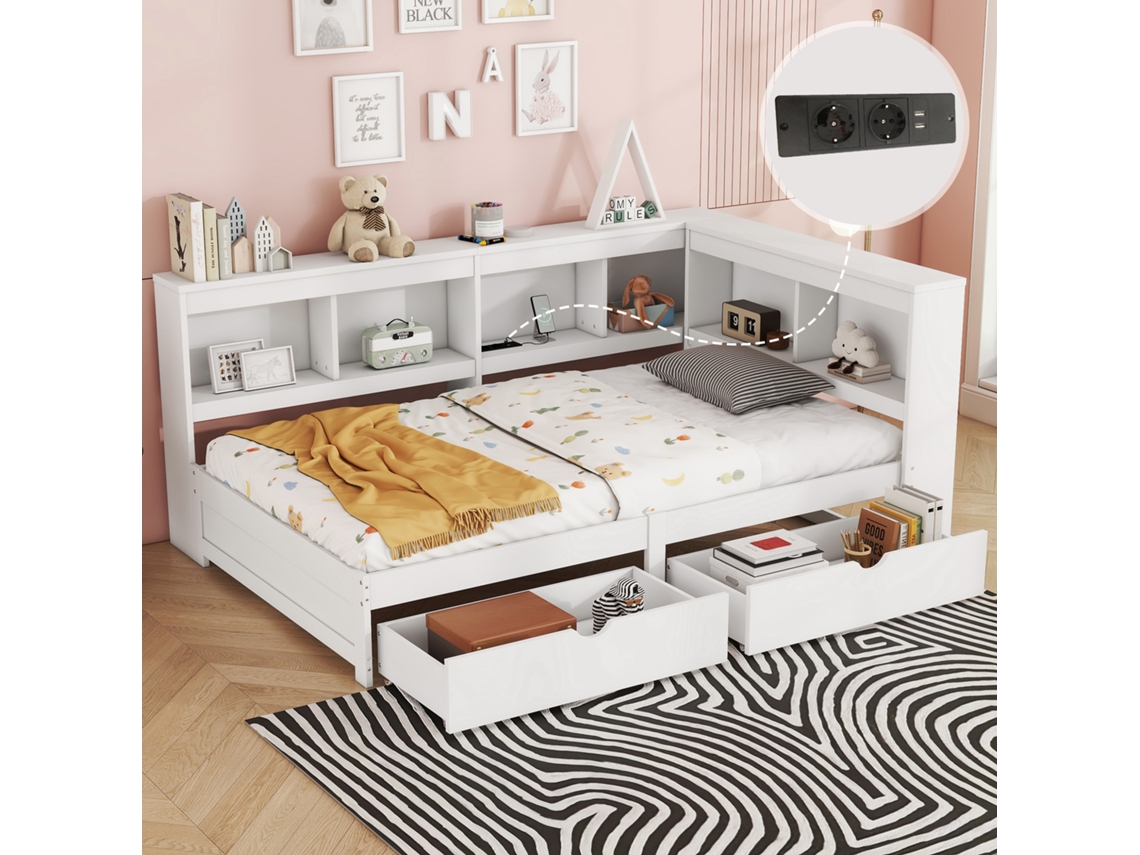 Sofá-cama 90x200 2 Gavetas Tomada Usb Ripas Branco