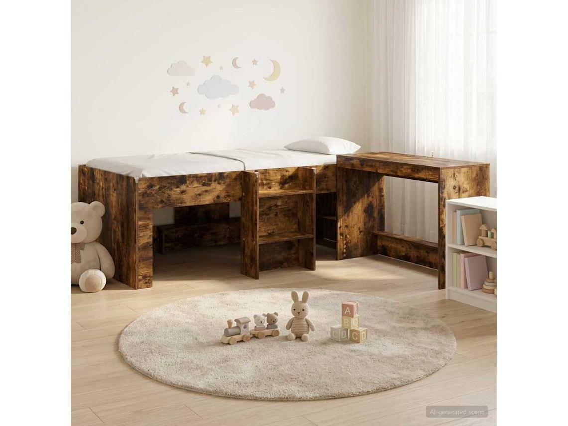 Vidaxl Cama Alta Para Crianças Com Mesa 2 Unid. Carvalho Fumado