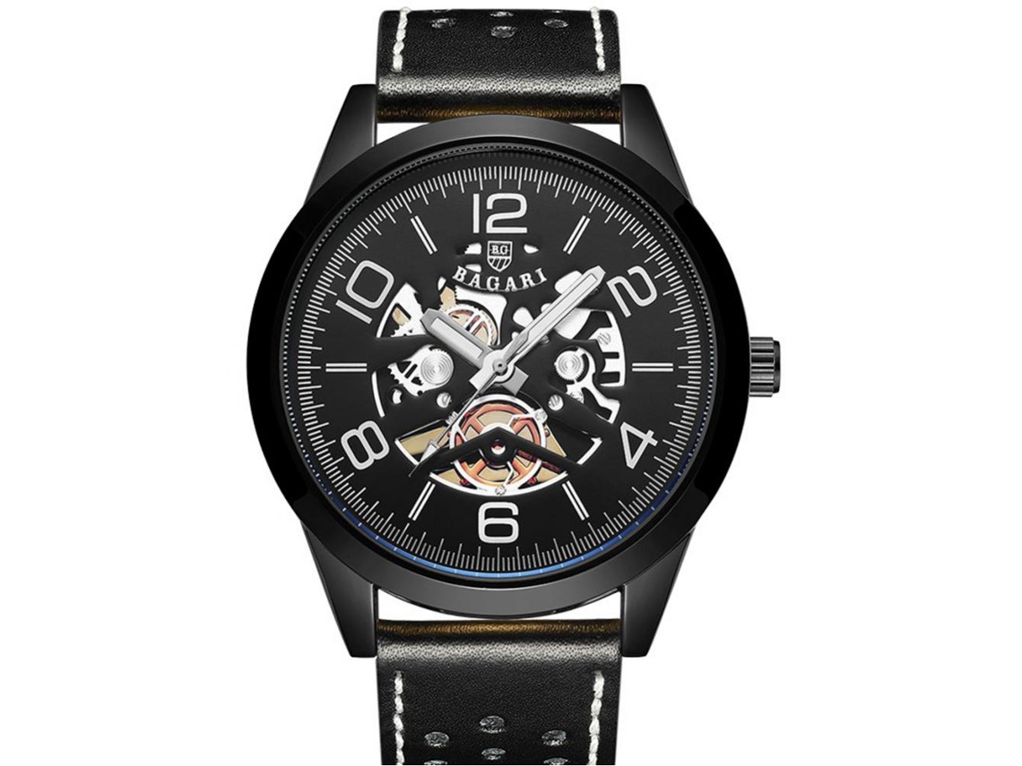 Relógio de pulso masculino Bagari preto com mecanismo de quartzo e pulseira de couro PU.