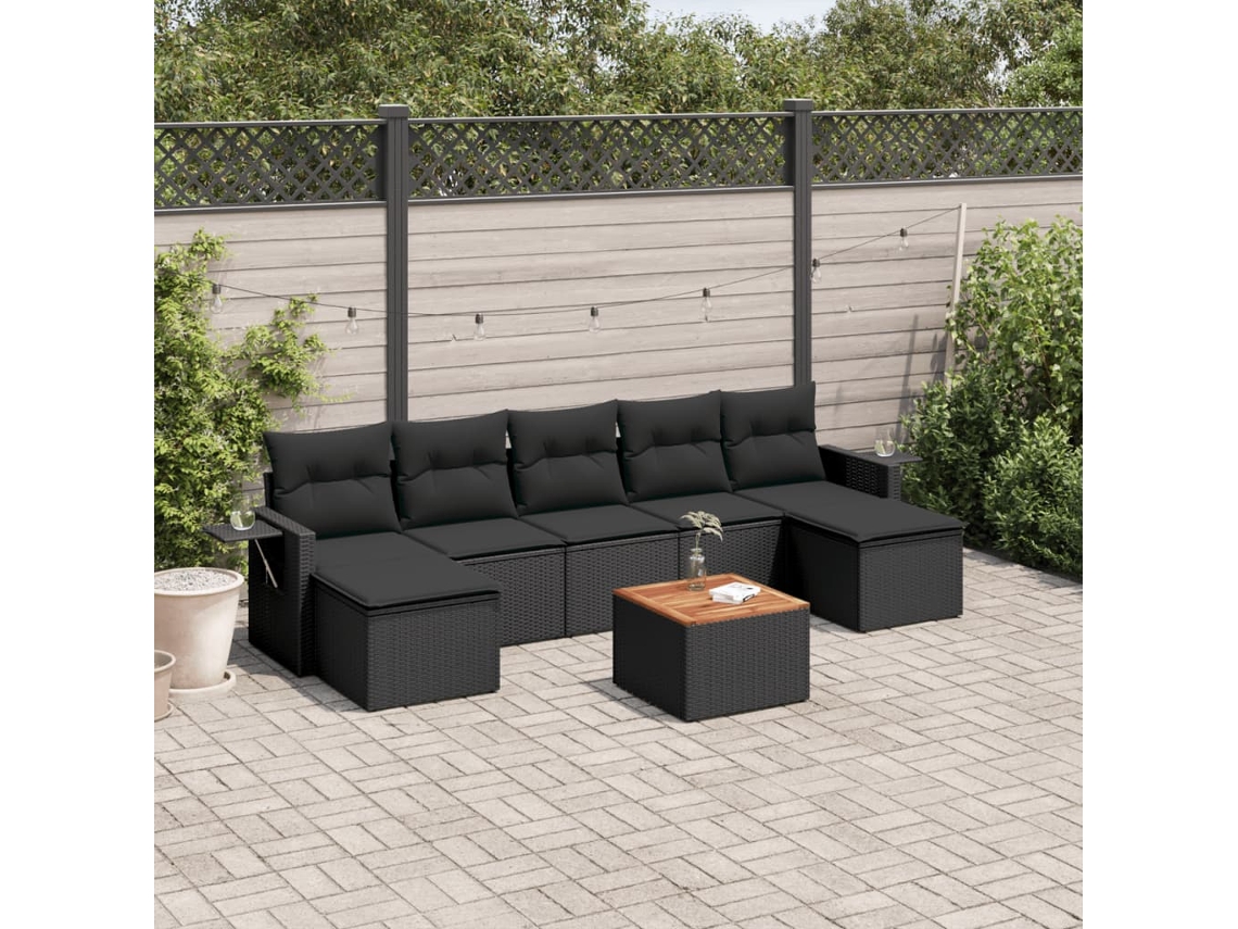 Vidaxl 8 Pcs Conjunto Sofás De Jardim Com Almofadões Vime Pe Preto