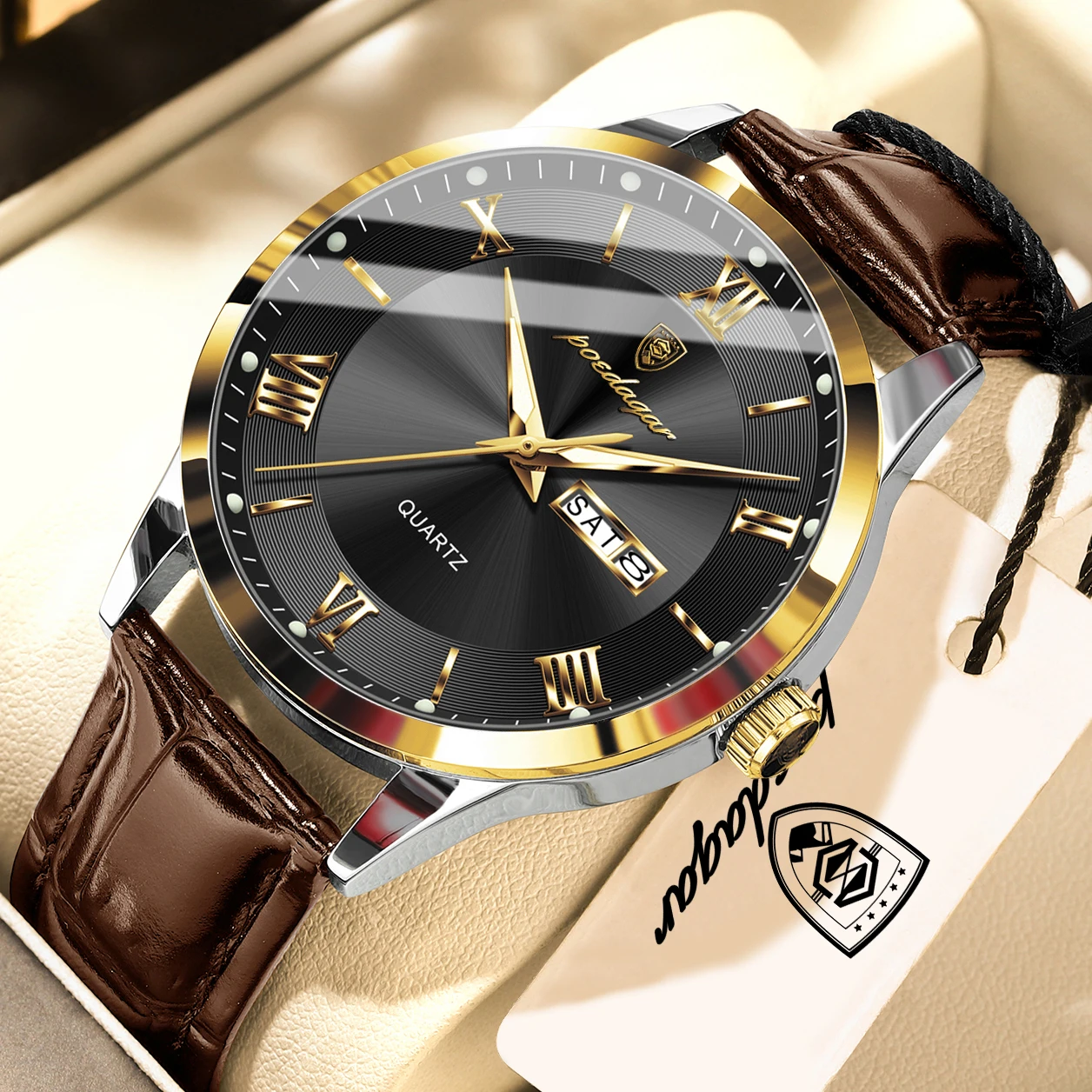 Relógio Masculino Elegante (dourado E Preto), Com Data E Dia Da Semana, Estilo Casual, À Prova D'água E Com Luzes.