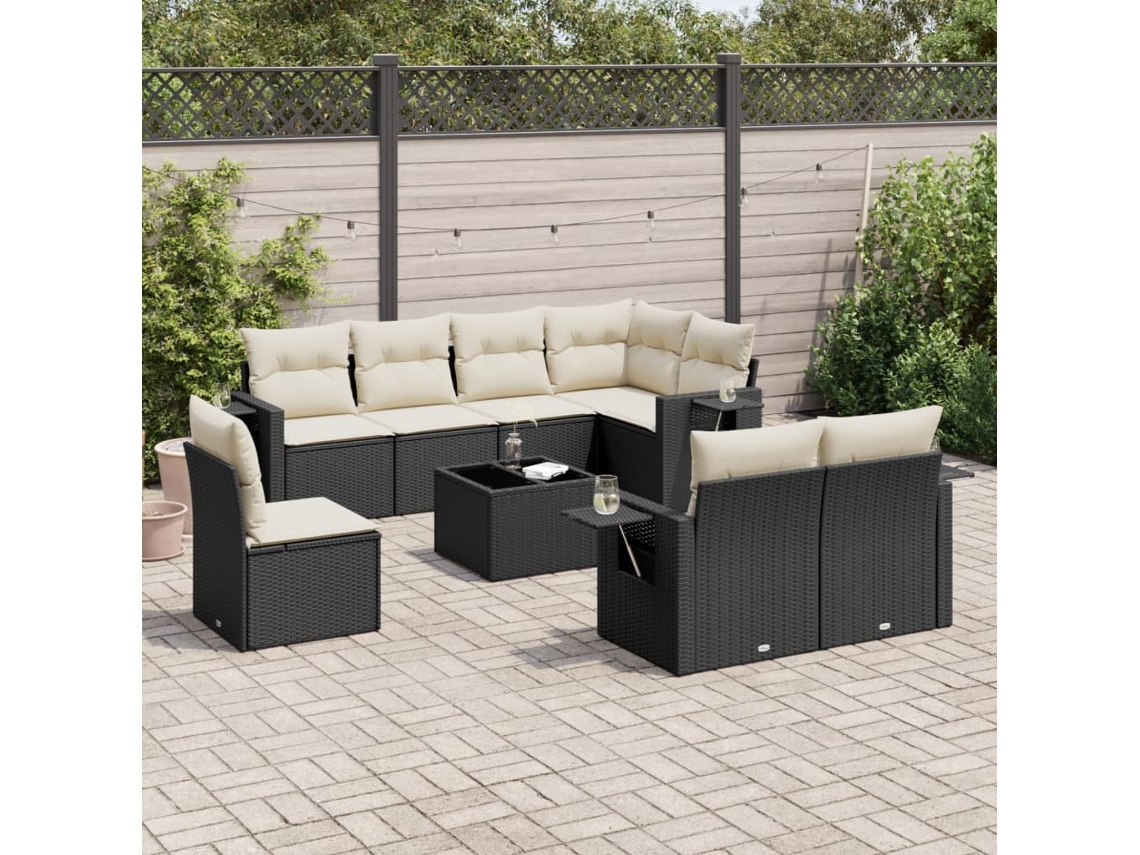 Vidaxl 9 Pcs Conjunto De Sofás P/ Jardim C/ Almofadões Vime Pe Preto