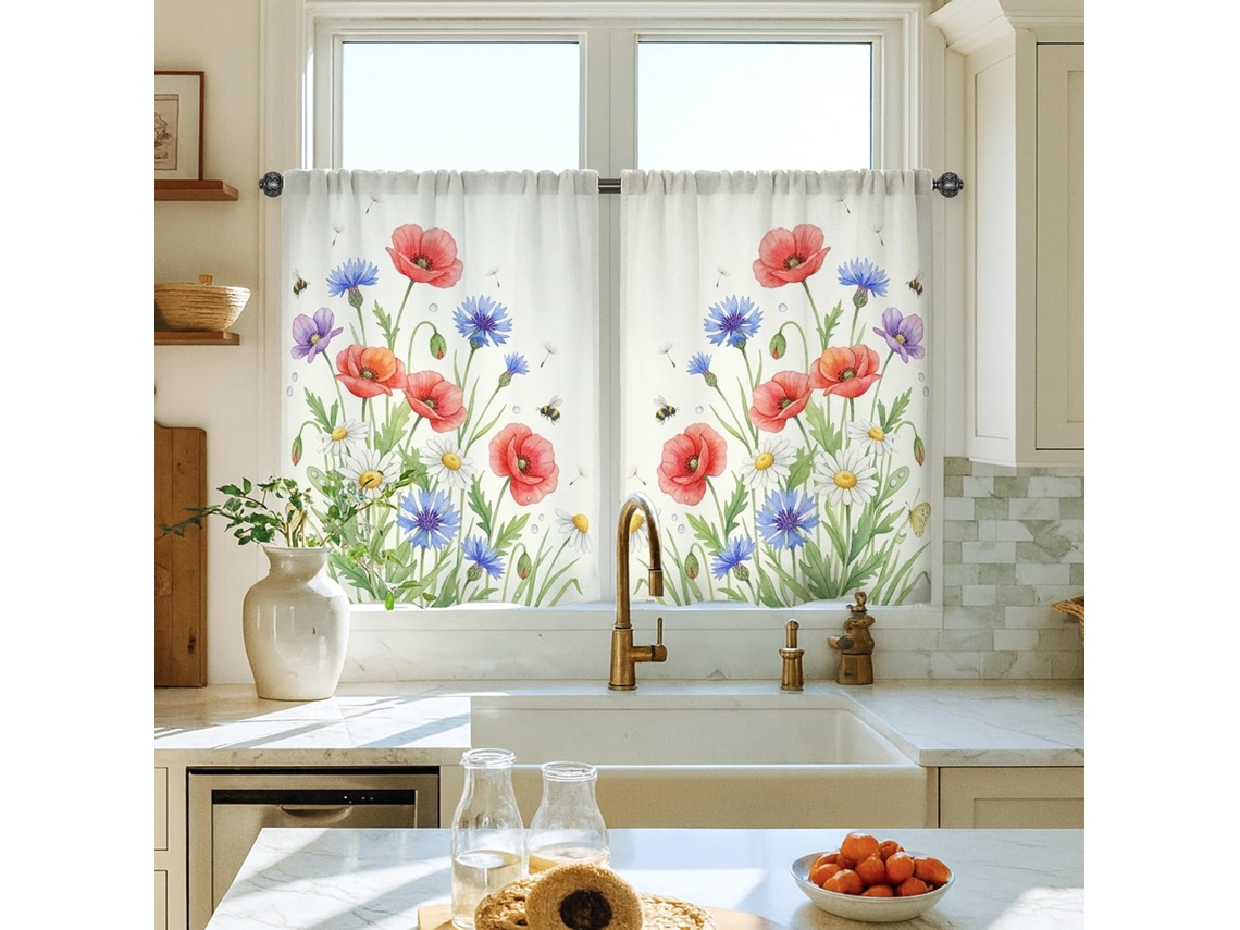 Cortinas De Cozinha Com Estampa Papoulas, Crisântemos Naturais, Flores Vermelhas Da Primavera, Cortinas Para Janelas De