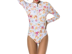 Maiô feminino Fasst de manga comprida com zíper frontal e estampa floral, corte alto e estilo esportivo.