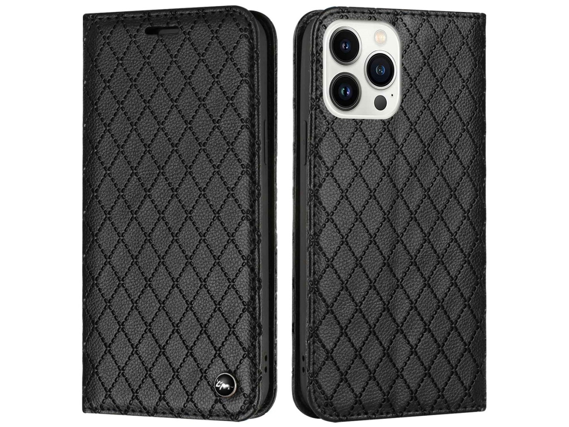 Capa Quedas Textura Lichia Para Iphone 14 Pro Pele Sintética Resistente Magnética Preto