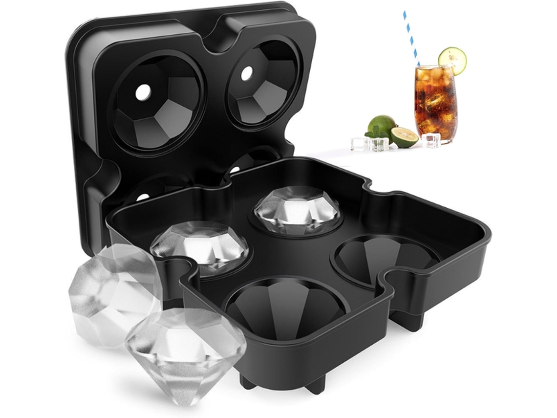 Forma Cubos Gelo Silicone - Molde Gelo Diamante - Forma Whisky - Com Tampa - Silicone - Preto - 13x13x4 Cm
