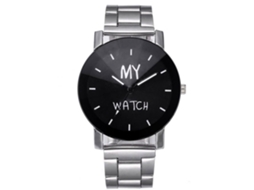 Relógio masculino casual e elegante com design simples, pulseira de aço inoxidável e mostrador preto grande.