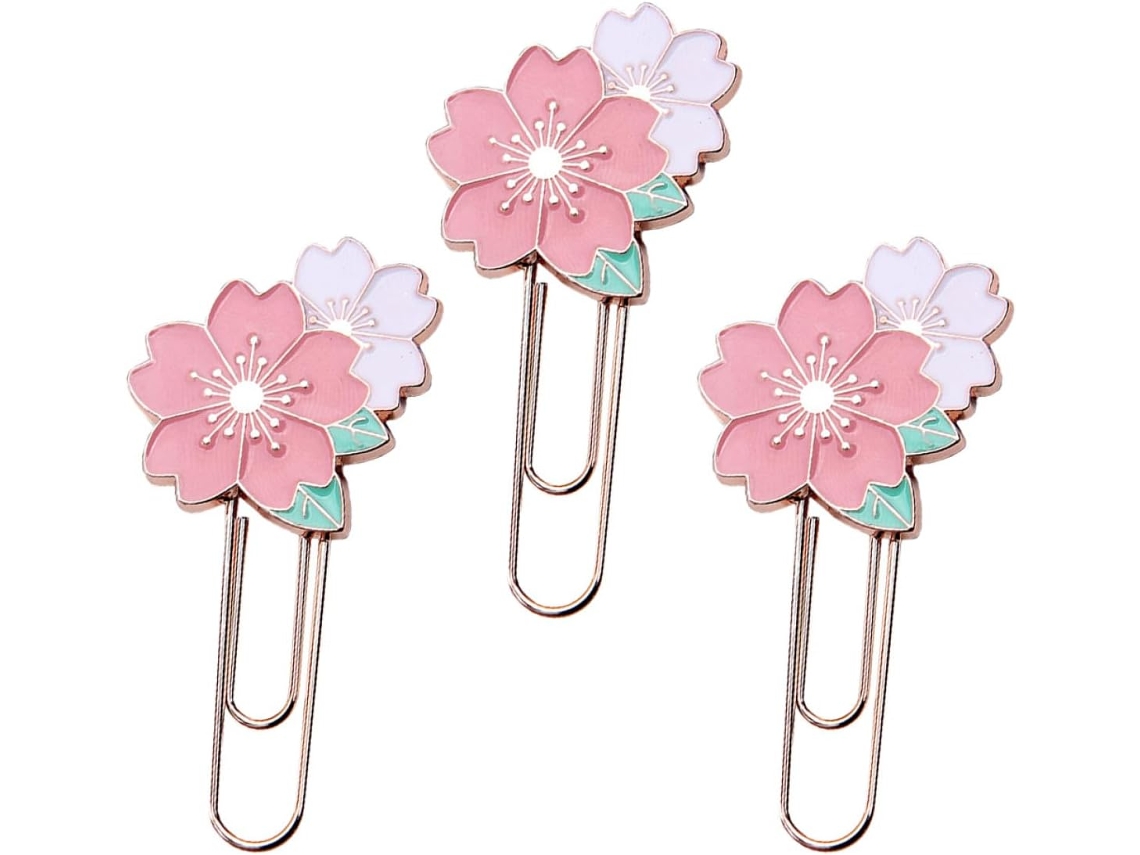 Conjunto De 3 Prendedores Notas Metal Em Formato Flor Cerejeira, Divisórias Para Livros E Arquivos, Ideais Para Escola E