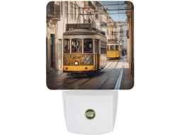 Luminária noturna de LED com estampa de Lisboa James, sensor crepuscular, para uso na parede.