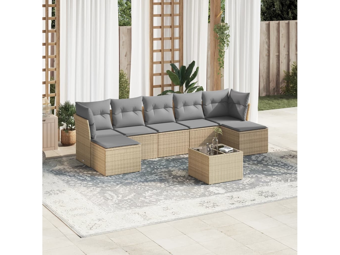 Vidaxl 8 Pcs Conjunto De Sofás P/ Jardim Com Almofadões Vime Pe Bege