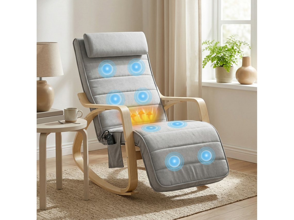 Poltrona relax com massagem, aquecimento, apoio de cabeça e pés, veludo, cinza claro BTFORUS
