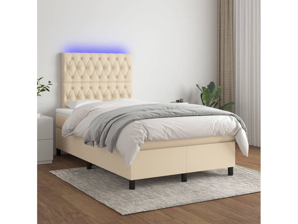 Vidaxl Cama Box Spring C/ Colchão E Led 120x200 Cm Tecido Cor Creme
