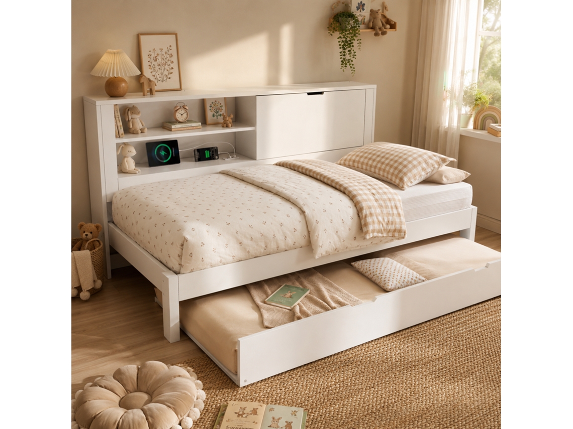 Lit Gigogne 90x200 cm VSOGA avec lit coulissant 90x190 cm, tête de lit avec rangements, usb, blanc